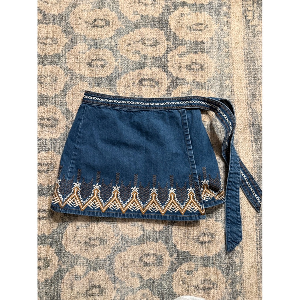 Free People Dream Away Hendrix Blue Embroidered Denim Wrap Skirt Size 8